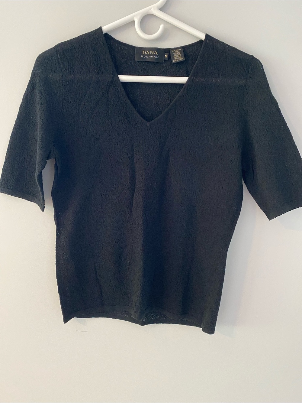 Dana Buchman Black V-Neck Short Sleeve Knit Top - Textured Silhouette